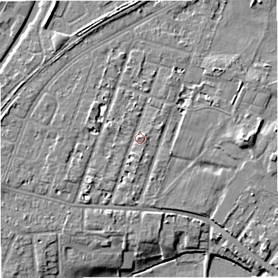Shaded relief map of the ground around M328PT, computed from Environment Agency LiDAR. The ground here sits at about 28 m above sea level and falls 9 m across the surrounding 800 m. Surface water reaching this point runs off ground lying to the east-north-east, 1.4 m higher.
