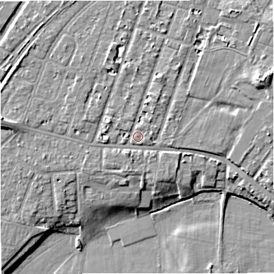 Shaded relief map of the ground around M328PU, computed from Environment Agency LiDAR. The ground here sits at about 27 m above sea level and falls 10 m across the surrounding 800 m. Surface water reaching this point runs off ground lying to the north-north-east, 2.0 m higher.