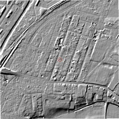 Shaded relief map of the ground around M328PW, computed from Environment Agency LiDAR. The ground here sits at about 27 m above sea level and falls 11 m across the surrounding 800 m. Surface water reaching this point runs off ground lying to the north-north-west, 2.2 m higher.