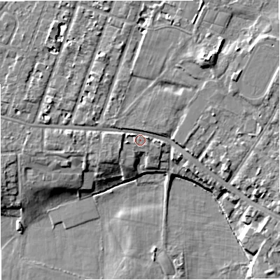 Shaded relief map of the ground around M328PX, computed from Environment Agency LiDAR. The ground here sits at about 26 m above sea level and falls 10 m across the surrounding 800 m. Surface water reaching this point runs off ground lying to the west-north-west, 1.7 m higher.