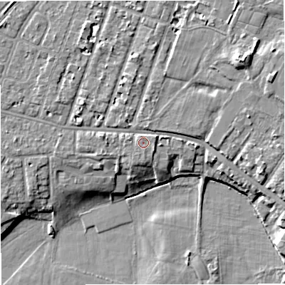 Shaded relief map of the ground around M328PY, computed from Environment Agency LiDAR. The ground here sits at about 27 m above sea level and falls 10 m across the surrounding 800 m. Surface water reaching this point runs off ground lying to the east-south-east, 1.4 m higher.