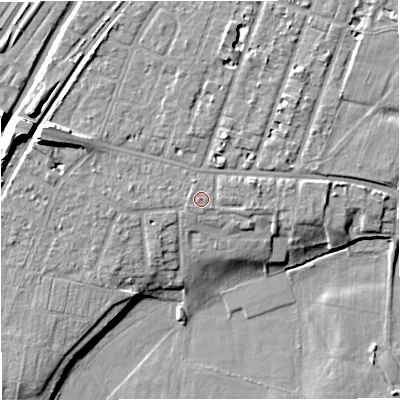 Shaded relief map of the ground around M328PZ, computed from Environment Agency LiDAR. The ground here sits at about 26 m above sea level and falls 12 m across the surrounding 800 m. Surface water reaching this point runs off ground lying to the west-south-west, 0.6 m higher.
