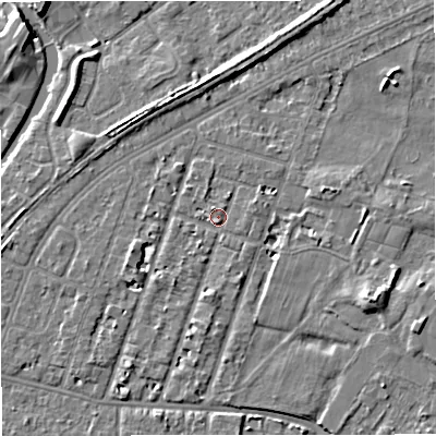 Shaded relief map of the ground around M328QB, computed from Environment Agency LiDAR. The ground here sits at about 27 m above sea level and falls 6 m across the surrounding 800 m. Surface water reaching this point runs off ground lying to the east-north-east, 2.8 m higher.
