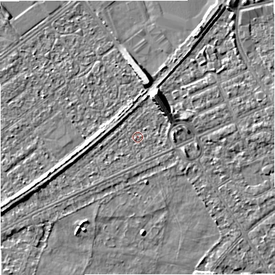 Shaded relief map of the ground around M328QG, computed from Environment Agency LiDAR. The ground here sits at about 27 m above sea level and falls 8 m across the surrounding 800 m. Surface water reaching this point runs off ground lying to the north-north-east, 6.3 m higher.