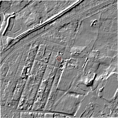 Shaded relief map of the ground around M328QJ, computed from Environment Agency LiDAR. The ground here sits at about 27 m above sea level and falls 5 m across the surrounding 800 m. Surface water reaching this point runs off ground lying to the east-north-east, 2.8 m higher.