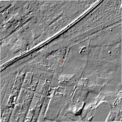 Shaded relief map of the ground around M328QL, computed from Environment Agency LiDAR. The ground here sits at about 26 m above sea level and falls 8 m across the surrounding 800 m. Surface water reaching this point runs off ground lying to the south, 3.0 m higher.
