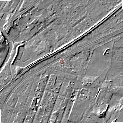 Shaded relief map of the ground around M328QN, computed from Environment Agency LiDAR. The ground here sits at about 26 m above sea level and falls 8 m across the surrounding 800 m. Surface water reaching this point runs off ground lying to the south-west, 3.0 m higher.