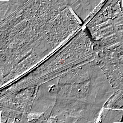 Shaded relief map of the ground around M328QP, computed from Environment Agency LiDAR. The ground here sits at about 27 m above sea level and falls 8 m across the surrounding 800 m. Surface water reaching this point runs off ground lying to the north-east, 6.6 m higher.