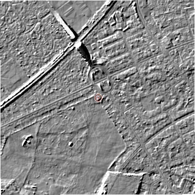 Shaded relief map of the ground around M328QS, computed from Environment Agency LiDAR. The ground here sits at about 27 m above sea level and falls 8 m across the surrounding 800 m. Surface water reaching this point runs off ground lying to the north-north-east, 0.9 m higher.