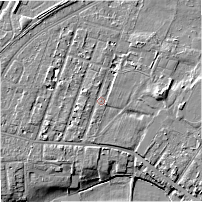 Shaded relief map of the ground around M328QX, computed from Environment Agency LiDAR. The ground here sits at about 27 m above sea level and falls 9 m across the surrounding 800 m. Surface water reaching this point runs off ground lying to the west-north-west, 1.3 m higher.