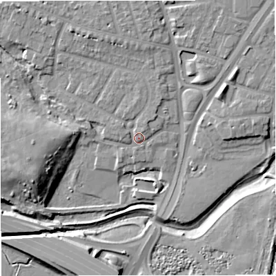 Shaded relief map of the ground around M329AN, computed from Environment Agency LiDAR. The ground here sits at about 24 m above sea level and falls 14 m across the surrounding 800 m. Surface water reaching this point runs off ground lying to the north-north-east, 2.1 m higher.