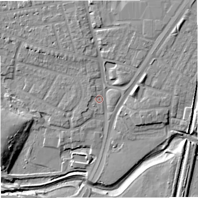 Shaded relief map of the ground around M329FD, computed from Environment Agency LiDAR. The ground here sits at about 23 m above sea level and falls 14 m across the surrounding 800 m. Surface water reaching this point runs off ground lying to the north, 5.8 m higher.