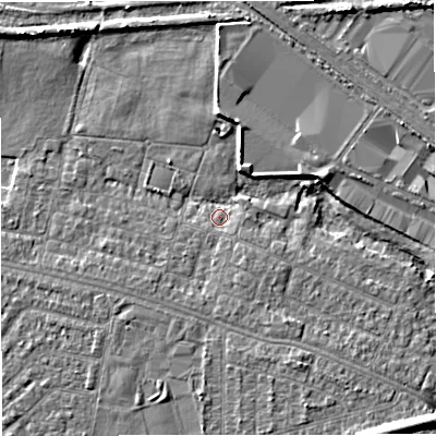 Shaded relief map of the ground around M329SH, computed from Environment Agency LiDAR. The ground here sits at about 23 m above sea level and falls 7 m across the surrounding 800 m. Surface water reaching this point runs off ground lying to the north, 5.1 m higher.
