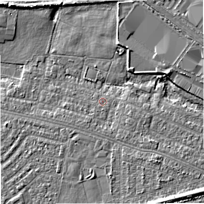Shaded relief map of the ground around M329SL, computed from Environment Agency LiDAR. The ground here sits at about 23 m above sea level and falls 7 m across the surrounding 800 m. Surface water reaching this point runs off ground lying to the south, 0.6 m higher.