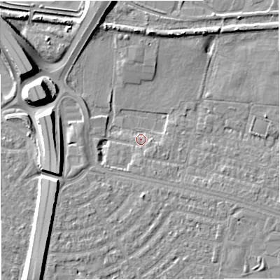 Shaded relief map of the ground around M329TG, computed from Environment Agency LiDAR. The ground here sits at about 22 m above sea level and falls 9 m across the surrounding 800 m. Surface water reaching this point runs off ground lying to the north-north-east, 4.6 m higher.