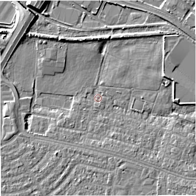 Shaded relief map of the ground around M329TL, computed from Environment Agency LiDAR. The ground here sits at about 22 m above sea level and falls 10 m across the surrounding 800 m. Surface water reaching this point runs off ground lying to the east-north-east, 4.9 m higher.