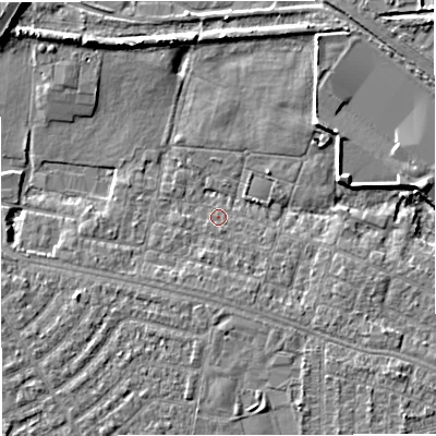 Shaded relief map of the ground around M329TN, computed from Environment Agency LiDAR. The ground here sits at about 22 m above sea level and falls 8 m across the surrounding 800 m. Surface water reaching this point runs off ground lying to the north-east, 4.8 m higher.