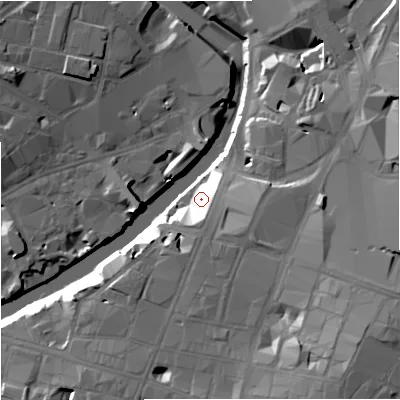 Shaded relief map of the ground around M32EQ, computed from Environment Agency LiDAR. The ground here sits at about 29 m above sea level and falls 25 m across the surrounding 800 m. Surface water reaching this point runs off ground lying to the south-south-east, 1.9 m higher.