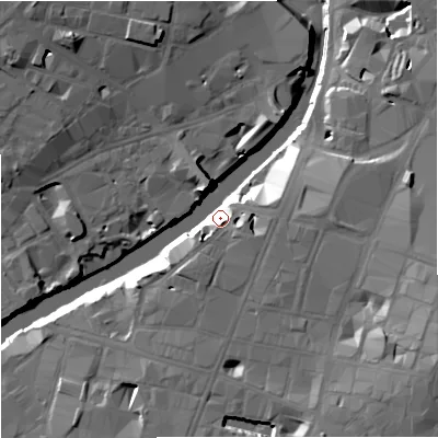 Shaded relief map of the ground around M32JA, computed from Environment Agency LiDAR. The ground here sits at about 31 m above sea level and falls 25 m across the surrounding 800 m. Surface water reaching this point runs off ground lying to the south-west, 14.9 m higher.