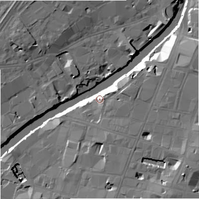 Shaded relief map of the ground around M32WJ, computed from Environment Agency LiDAR. The ground here sits at about 32 m above sea level and falls 20 m across the surrounding 800 m. Surface water reaching this point runs off ground lying to the east-north-east, 3.3 m higher.