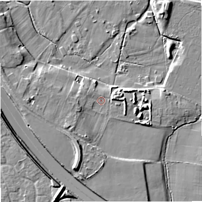 Shaded relief map of the ground around M332JU, computed from Environment Agency LiDAR. The ground here sits at about 28 m above sea level and falls 14 m across the surrounding 800 m. Surface water reaching this point runs off ground lying to the south-south-west, 6.4 m higher.
