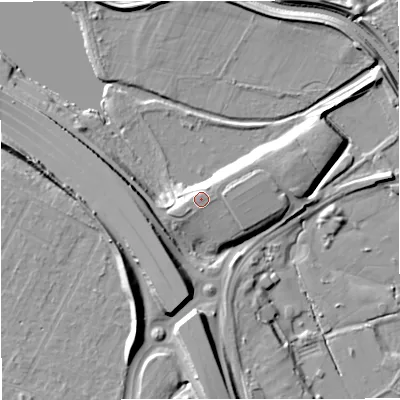 Shaded relief map of the ground around M332LX, computed from Environment Agency LiDAR. The ground here sits at about 28 m above sea level and falls 14 m across the surrounding 800 m. Surface water reaching this point runs off ground lying to the south-west, 1.2 m higher.