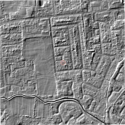 Shaded relief map of the ground around M332TQ, computed from Environment Agency LiDAR. The ground here sits at about 28 m above sea level and falls 4 m across the surrounding 800 m. Surface water reaching this point runs off ground lying to the north, 1.8 m higher.