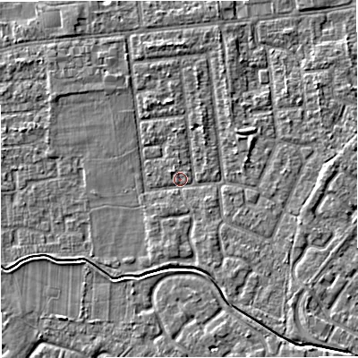 Shaded relief map of the ground around M332TR, computed from Environment Agency LiDAR. The ground here sits at about 28 m above sea level and falls 4 m across the surrounding 800 m. Surface water reaching this point runs off ground lying to the south-east, 2.8 m higher.