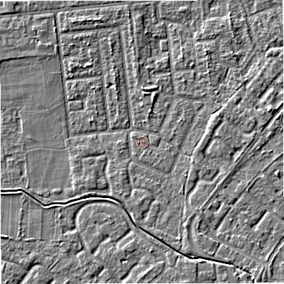 Shaded relief map of the ground around M332UX, computed from Environment Agency LiDAR. The ground here sits at about 29 m above sea level and falls 4 m across the surrounding 800 m. Surface water reaching this point runs off ground lying to the east, 1.6 m higher.