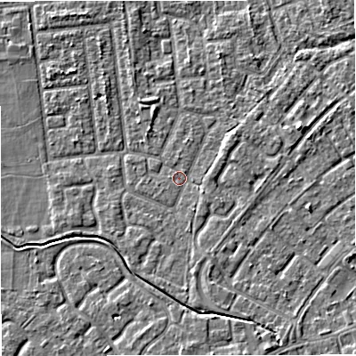 Shaded relief map of the ground around M332UY, computed from Environment Agency LiDAR. The ground here sits at about 29 m above sea level and falls 4 m across the surrounding 800 m. Surface water reaching this point runs off ground lying to the east, 1.4 m higher.