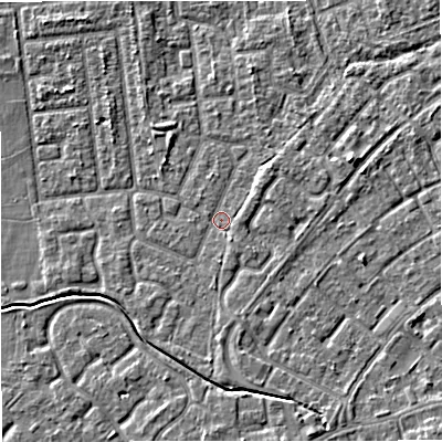 Shaded relief map of the ground around M332UZ, computed from Environment Agency LiDAR. The ground here sits at about 29 m above sea level and falls 4 m across the surrounding 800 m. Surface water reaching this point runs off ground lying to the east, 1.4 m higher.
