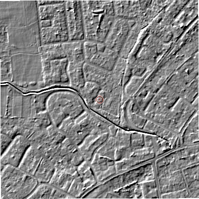 Shaded relief map of the ground around M332XL, computed from Environment Agency LiDAR. The ground here sits at about 29 m above sea level and falls 5 m across the surrounding 800 m. Surface water reaching this point runs off ground lying to the south-south-east, 1.2 m higher.