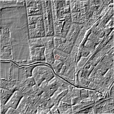 Shaded relief map of the ground around M332XN, computed from Environment Agency LiDAR. The ground here sits at about 29 m above sea level and falls 5 m across the surrounding 800 m. Surface water reaching this point runs off ground lying to the south-south-east, 1.6 m higher.
