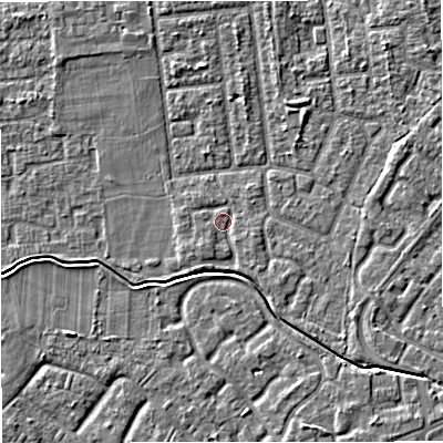 Shaded relief map of the ground around M332XP, computed from Environment Agency LiDAR. The ground here sits at about 28 m above sea level and falls 4 m across the surrounding 800 m. Surface water reaching this point runs off ground lying to the south-south-west, 1.2 m higher.