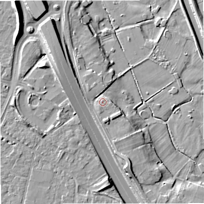 Shaded relief map of the ground around M332XU, computed from Environment Agency LiDAR. The ground here sits at about 29 m above sea level and falls 13 m across the surrounding 800 m. Surface water reaching this point runs off ground lying to the south-east, 3.8 m higher.