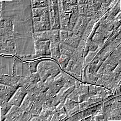 Shaded relief map of the ground around M332XW, computed from Environment Agency LiDAR. The ground here sits at about 29 m above sea level and falls 5 m across the surrounding 800 m. Surface water reaching this point runs off ground lying to the south-east, 3.5 m higher.
