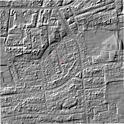 Shaded relief map of the ground around M333EP, computed from Environment Agency LiDAR. The ground here sits at about 27 m above sea level and falls 4 m across the surrounding 800 m. Surface water reaching this point runs off ground lying to the north-east, 4.2 m higher.