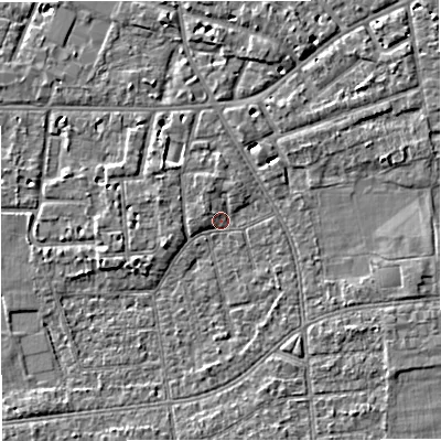 Shaded relief map of the ground around M333ER, computed from Environment Agency LiDAR. The ground here sits at about 27 m above sea level and falls 4 m across the surrounding 800 m. Surface water reaching this point runs off ground lying to the east-north-east, 4.2 m higher.