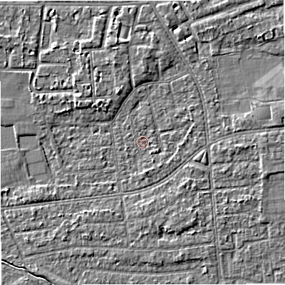 Shaded relief map of the ground around M333FN, computed from Environment Agency LiDAR. The ground here sits at about 27 m above sea level and falls 4 m across the surrounding 800 m. Surface water reaching this point runs off ground lying to the north-east, 4.2 m higher.
