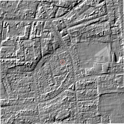 Shaded relief map of the ground around M333FP, computed from Environment Agency LiDAR. The ground here sits at about 27 m above sea level and falls 4 m across the surrounding 800 m. Surface water reaching this point runs off ground lying to the south-south-east, 0.7 m higher.