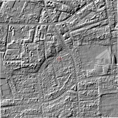 Shaded relief map of the ground around M333FR, computed from Environment Agency LiDAR. The ground here sits at about 27 m above sea level and falls 4 m across the surrounding 800 m. Surface water reaching this point runs off ground lying to the east-north-east, 4.2 m higher.