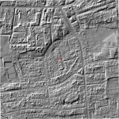 Shaded relief map of the ground around M333FW, computed from Environment Agency LiDAR. The ground here sits at about 27 m above sea level and falls 4 m across the surrounding 800 m. Surface water reaching this point runs off ground lying to the north-east, 4.2 m higher.