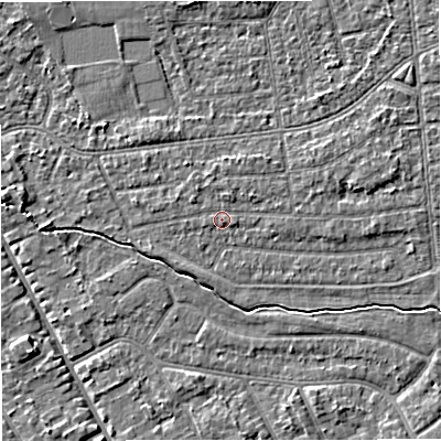 Shaded relief map of the ground around M333GG, computed from Environment Agency LiDAR. The ground here sits at about 27 m above sea level and falls 4 m across the surrounding 800 m. Surface water reaching this point runs off ground lying to the east-north-east, 1.8 m higher.