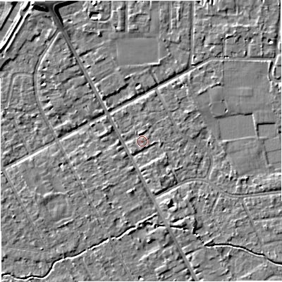 Shaded relief map of the ground around M333GH, computed from Environment Agency LiDAR. The ground here sits at about 26 m above sea level and falls 7 m across the surrounding 800 m. Surface water reaching this point runs off ground lying to the north-north-west, 1.3 m higher.