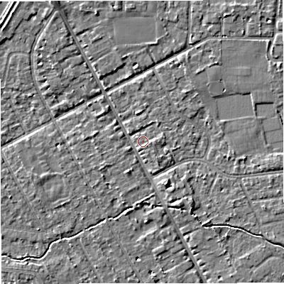 Shaded relief map of the ground around M333GJ, computed from Environment Agency LiDAR. The ground here sits at about 26 m above sea level and falls 4 m across the surrounding 800 m. Surface water reaching this point runs off ground lying to the east-south-east, 1.3 m higher.