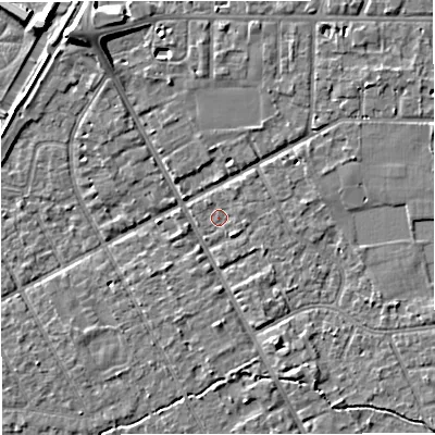 Shaded relief map of the ground around M333GL, computed from Environment Agency LiDAR. The ground here sits at about 26 m above sea level and falls 7 m across the surrounding 800 m. Surface water reaching this point runs off ground lying to the south-east, 1.2 m higher.