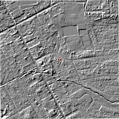 Shaded relief map of the ground around M333GN, computed from Environment Agency LiDAR. The ground here sits at about 26 m above sea level and falls 4 m across the surrounding 800 m. Surface water reaching this point runs off ground lying to the east, 1.9 m higher.