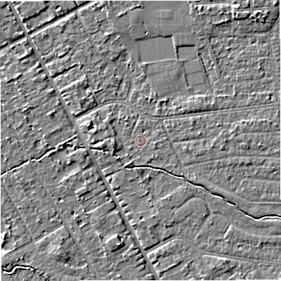 Shaded relief map of the ground around M333GP, computed from Environment Agency LiDAR. The ground here sits at about 26 m above sea level and falls 4 m across the surrounding 800 m. Surface water reaching this point runs off ground lying to the east-south-east, 0.9 m higher.
