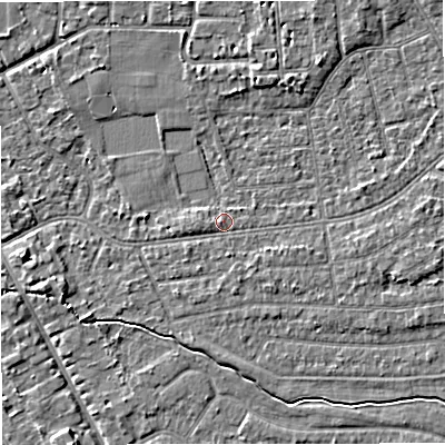 Shaded relief map of the ground around M333GR, computed from Environment Agency LiDAR. The ground here sits at about 27 m above sea level and falls 4 m across the surrounding 800 m. Surface water reaching this point runs off ground lying to the east-south-east, 1.9 m higher.