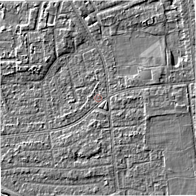 Shaded relief map of the ground around M333GS, computed from Environment Agency LiDAR. The ground here sits at about 27 m above sea level and falls 4 m across the surrounding 800 m. Surface water reaching this point runs off ground lying to the east, 1.5 m higher.